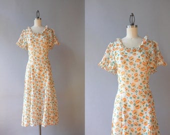 1930s Dress / Vintage 30s Dress / 1930s Sheer White Floral Cotton Gauze Dress Small Medium
