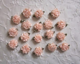 18pc PEACH Satin Ribbon Fabric Flower Applique Shabby Chic Baby Doll Carnation Cabbage Rose Bow
