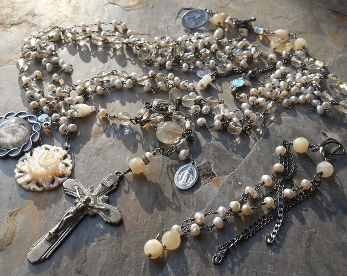 She's a LadyVintage Rosary and Pearl 3 Strand Necklace Sterling Crucifix & Medals
