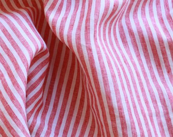 Extra wide 110 inch linen fabric 100% pure flax cloth stone washed stripe soft linen medium weight red and white stripe