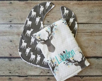 Monogrammed Baby Boy Gift Set, Bib and Burp Cloth, Personalized Baby Boy Burp Cloth and Bib Set, Baby Shower Gift, Deer, Doe