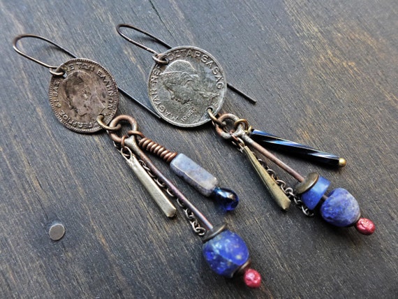 Handmade artisan earrings with ancient beads, "Twins of Time"