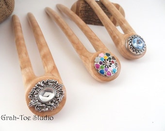 Hair Fork Pipe Snap,Curly Maple Wood ,2 Prong Grahtoestudio Hair Fork,Hair Stick,Wood Hairfork, Mothers Day gift,Man Bun,Hairforks,SNAP Fork