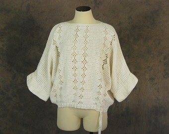 vintage 80s Open Knit Sweater - 1980s Boho Slouchy Sweater - White Open Weave Oversized Dolman Sleeve Blouse Sz S M L