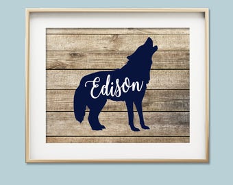 Baby boy nursery wall art woodlands nursery wolf cub print navy blue nursery decor forest animal nursery art personalized baby gift for baby