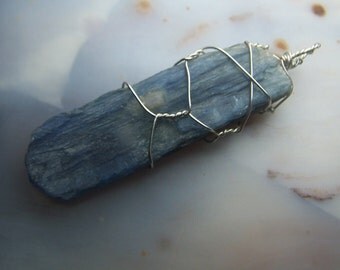 Blue Kyanite crystal blade - Sterling Silver wire wrapped necklace pendant 2 inch - natural raw Crystal wrap - Brazil coyoterainbow QJF14