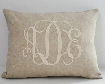 Monogrammed Lumbar Pillow INSERT INCLUDED Natural Decorator Cotton Linen Weave Shower Gift Wedding Gift Birthday Gift