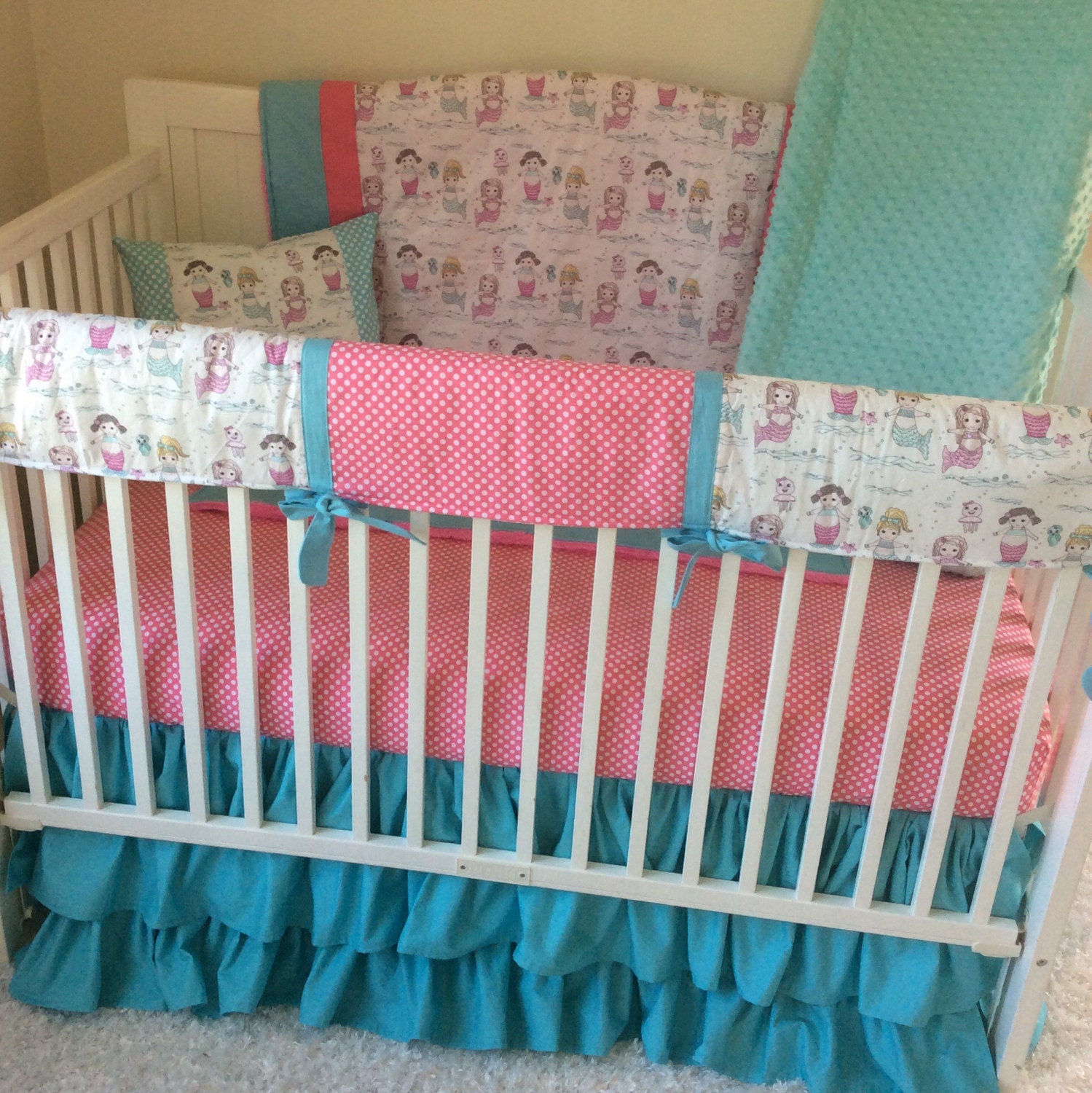 Adorable Baby Girl Pink and Aqua Mermaid Crib Bedding Set