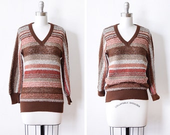 70s striped sweater, vintage v neck sweater, rust striped bouclé pullover knit, medium m