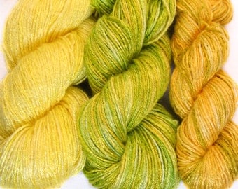Hand dyed yarn, bamboo yarn "Dandelion" organic yarn, fingering, vegan yarn, eco, knitting yarn, crochet, weaving, yellow, green, 7.6 oz