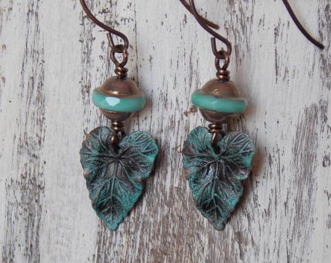 Leaf Earrings Brass Patina Leaf Dangle Earrings Vintaj Brass Czech Glass Turquoise Dangle Bohemian Boho Petite Woodland Jewelry Earrings