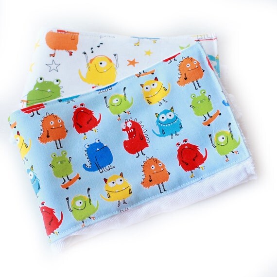 Boy Burp Cloth - Monster Burp Cloths- Green Blue Orange Red- Diaper Burp Cloth set of 2 // Cotton Burp Cloths // Baby Shower Gift