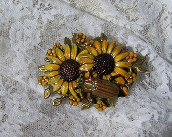 Hand Painted Sunflower Pin, Embellished Collage Brooch, Oak Leaf, Yellow Flower Charm, Autumn Leaves, Fall Colors, Nature Lover Jewelry