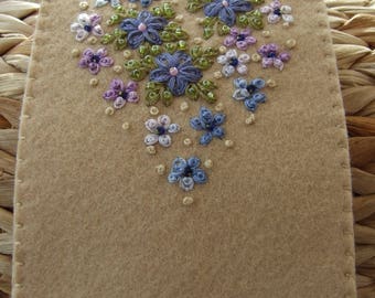 Hand Embroidered Felt Glasses Case with Violets and Forget Me Nots