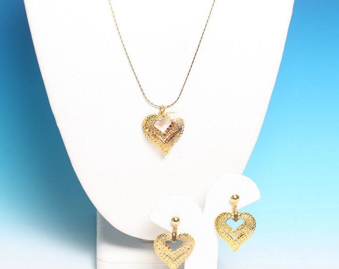 Filigree Heart Necklace Earring Set Gold Tone Post Earrings Vintage