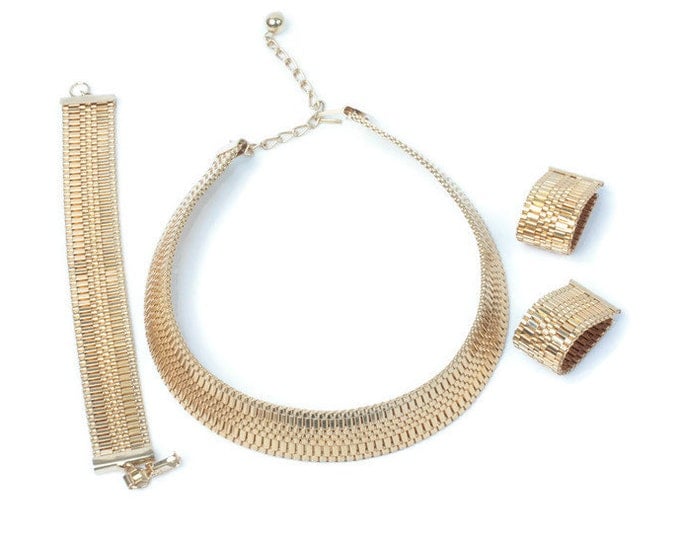 Gold Mesh Woven Necklace Bracelet Earrings Set Parure Vintage