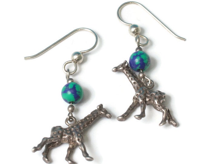 Giraffe Dangle Earrings Green Blue Beads Sterling Azurite Malachite Vintage