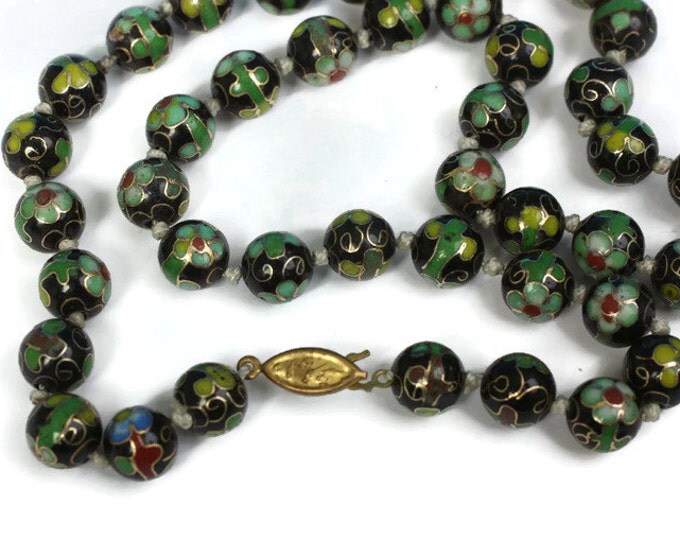 Green and Black Cloisonne Bead Necklace Porcelain Beads Vintage