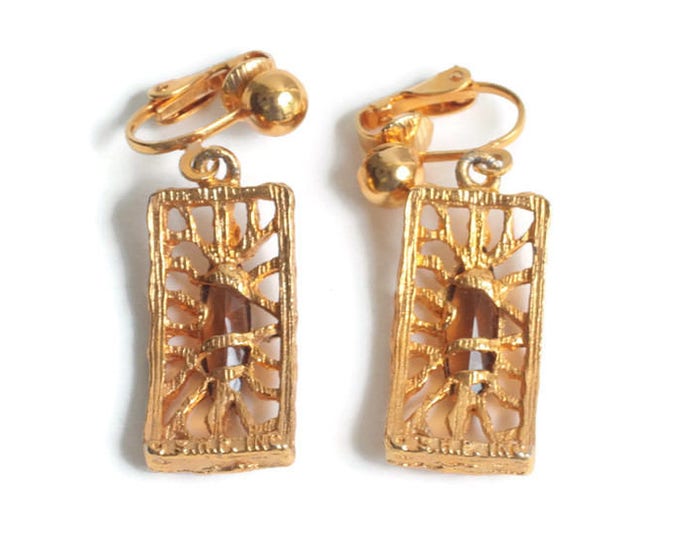 Gold Plated Filigree Topaz Glass Earrings SHP Dangle Clip On Vintage