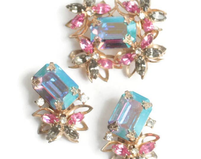 AB Rhinestone Floral Brooch Earrings Set Pink Green Blue Dimensional Vintage