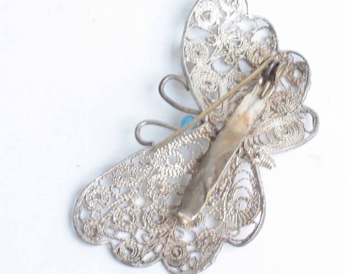 Silver Filigree Butterfly Pin Turquoise Accent Vintage
