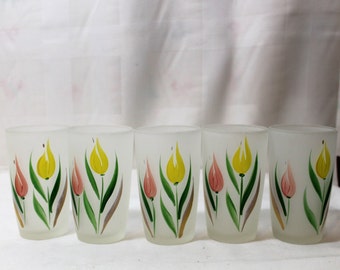 Set of 5 Hazel Atlas Frosted Hand Painted Tulip Juice Glasses