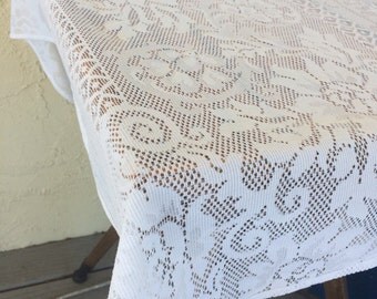 Nappe En Lin Brodée Main Vintage - Blanche/ivoire Avec Serviettes - Style Antique