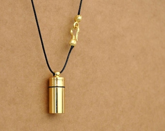 SECRET MESSAGE BOTTLE, brass tube container, perfume bottle locket, pill box container, golden raw brass container locket, long chain,