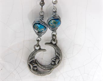 Blue Moon Madness - Crescent Moon Wire Wrapped Cobalt Blue Rondelle Earrings