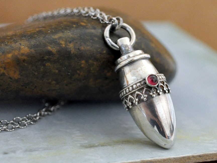 sterling silver container necklace pill box tube locket red
