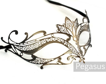 Gold and Black Cat Woman Venetian Filigree Scroll work Metal Masquerade Mask (1 Piece, 5 color options) Aluminum Laser Cut Mask Made