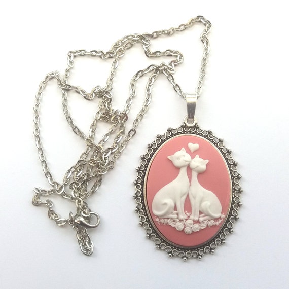 Love Cats Necklace Pink Cat Necklace Cat Cameo Necklace