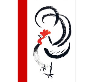 Rooster, Year of the Rooster card 2017, Chinese new year card w/ red envelope, from original sumi ink painting, new baby, Losar