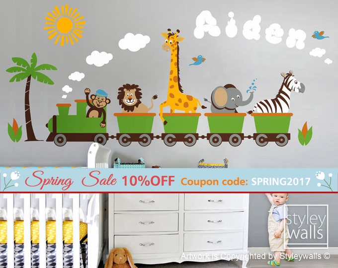 Jungle Safari Animals Train HUGE Wall Decal Set, Personalized Monkey Zebra Giraffe Elephant Lion Nursery Kids Playroom Room Sticker