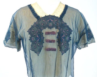 Antique Embroidered Net and Lace Edwardian 1920s Top, Antique Blouse