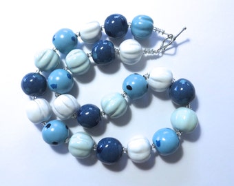 Blue and White Beaded Necklace, Statement Necklace, Kazuri Bead Necklace, Fair Trade