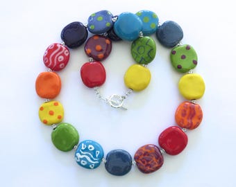 Kazuri Bead Necklace, Rainbow Colored Necklace, Fair Trade Beads, Ceramic Jewelry