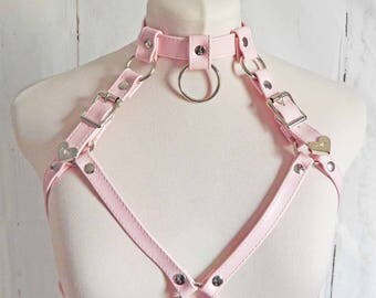 Pink Faux Leather O Ring Harness, Pink O Ring Harness, Pink Faux Leather Body Harness, Pink Kittenplay Harness, Pink Burlesque Harness