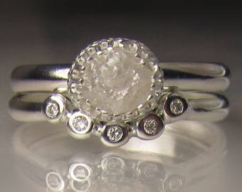Raw Diamond Engagement Set, White Raw Diamond Ring, Rough Diamond Ring