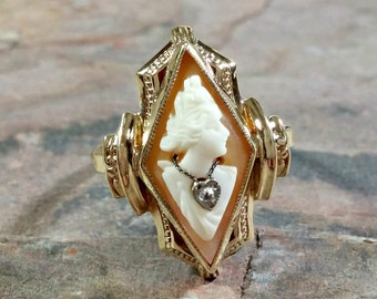 Perfectly Lovely Gold Antique Cameo Ring Habille Cameo With Diamond Necklace Esemco 10k Carved Shell Cameo Very Nice Detail Exc Condition