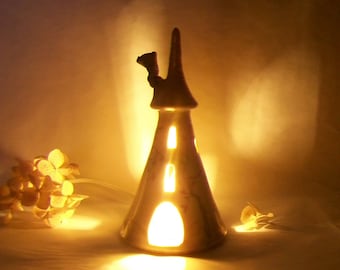 Fairy Tower - Night Light - Pink Roof - Rapunzels Tower - Wheel Thrown - Hand Painted Rose Vine - Ready to Ship Now - Actual Tower