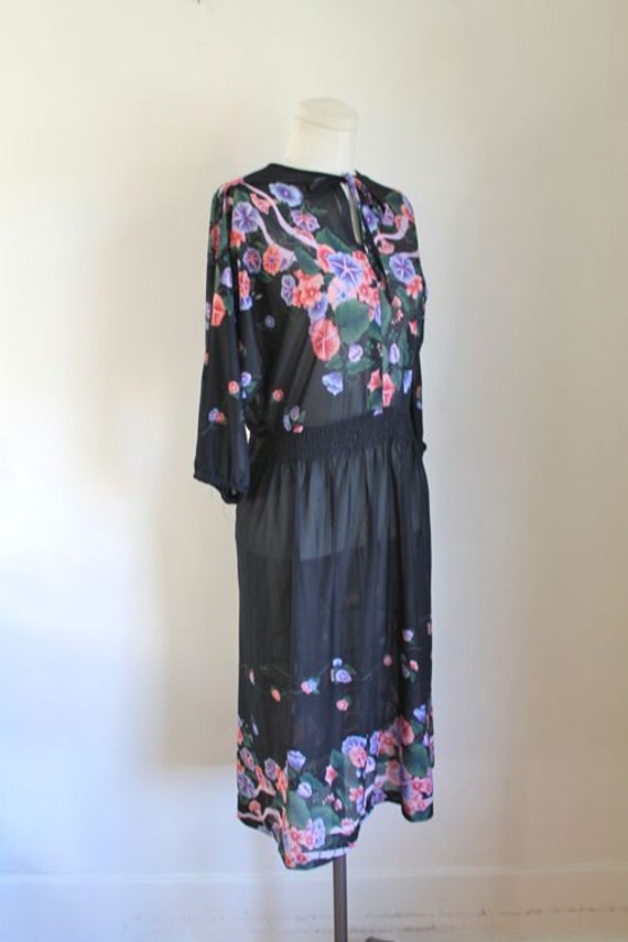 vintage 1970s floral dress MORNING GLORY black floral sheer