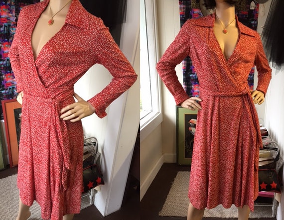 Vintage Original 70's Wrap Dress Tomato Red with White Dots Wide Collar Long Sleeve Just Mort Draping Size Small Medium Plunging Neckline