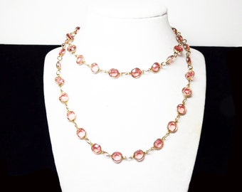 Austrian Crystal Necklace - Bezel Set Faceted Glass Austrian Pink Crystals - Encased Beads Rafealian Signed - Vintage 1980's 30" long