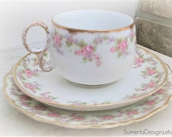 Antique Limoges tea cup trio ~ pink floral tea cup ~ 1900s Limoges ~ teacup ~ Elite Works Limoges ~ art nouveau ~ floral Limoges France