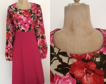 1970's Rose Print Top Babydoll Dress w/ Balloon Sleeves Size XL Large Plus Size by Maeberry Vintage