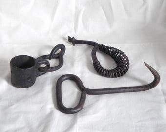 Lot Antique Cast Iron ~ Grappling Hook / Stove Top Lifter / Manacle ~ Industrial Home Decor