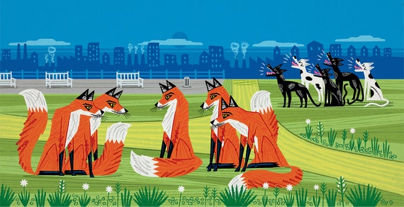Foxes and Hounds - Nature / Wildlife - Childrens Art - Animal Art - Kids Art - Limited Edition Art Poster Print by Oliver Lake