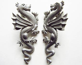 Pewter JJ Dragon Earrings, Vintage Jonette 1980s