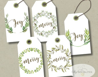 Printable Christmas Gift Tags | Green, Wreaths, Merry, Joy | INSTANT DOWNLOAD pdf